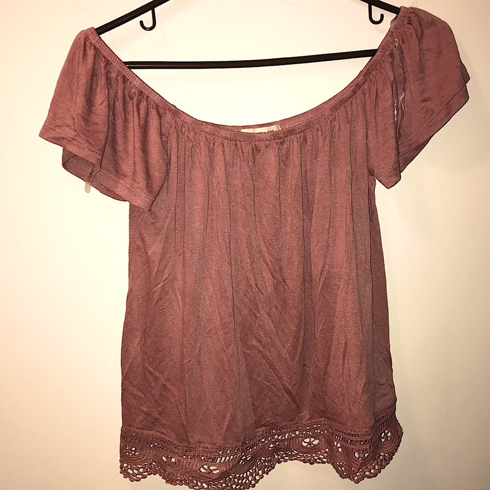 Dusty rose off shoulder top with lace on bottom